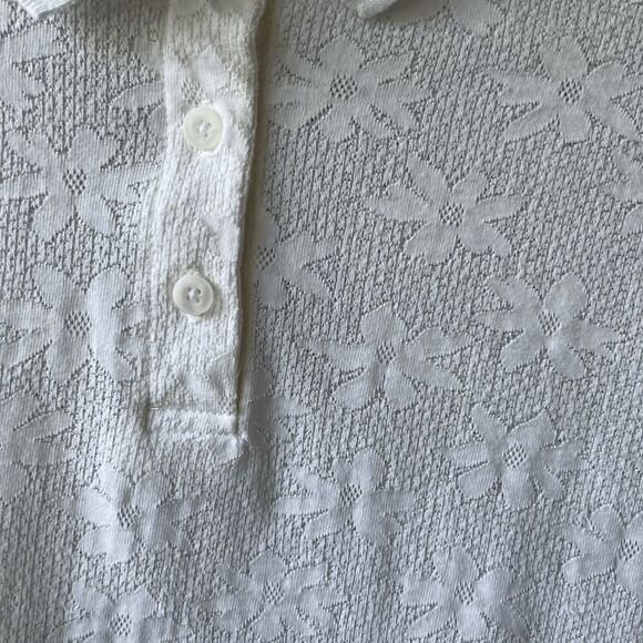 VTG 80s 90s Natural Issue White Daisy Jacquard Polo Shirt Semi Sheer L - Picture 5 of 7